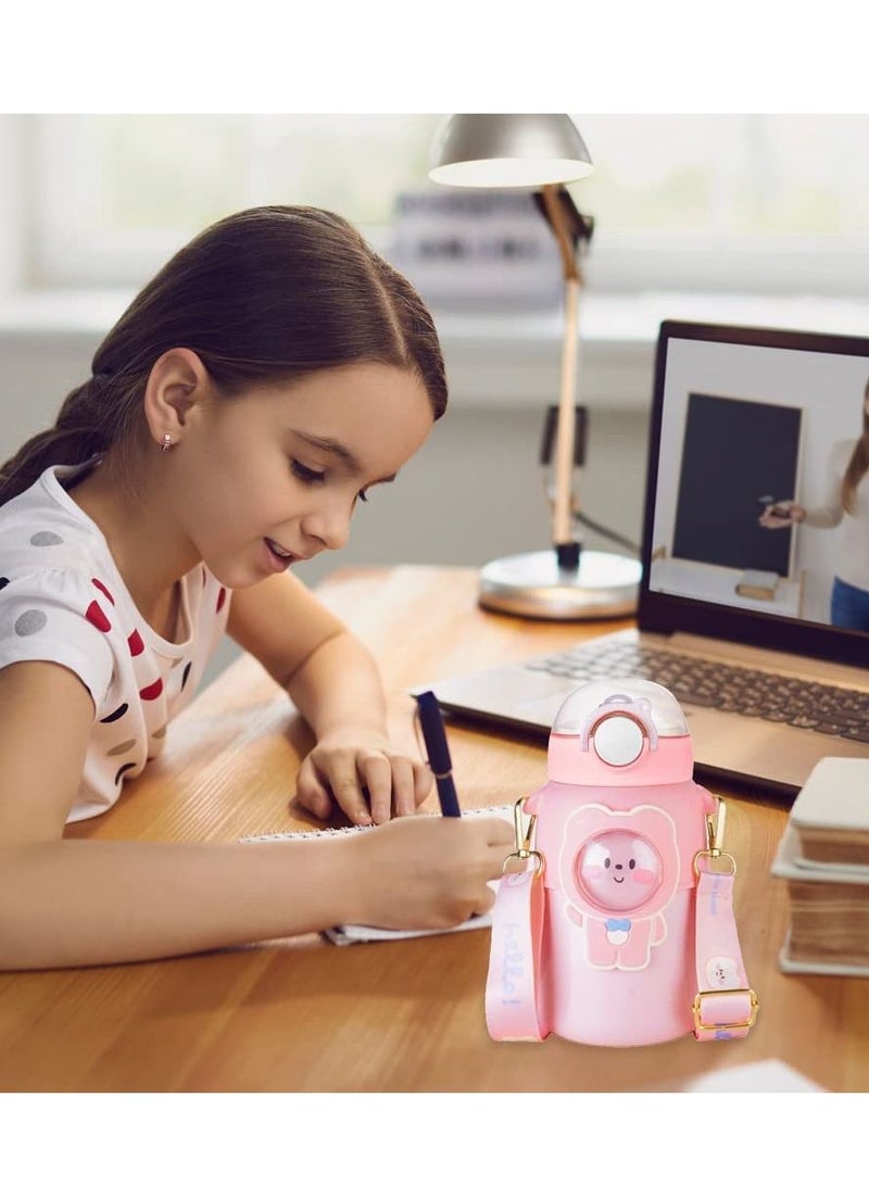 SYOSI Kids Water Bottle for School with Straw, 720ml Kawaii Bear Water Bottle with Strap, BPA-Free Reusable Leak-proof Water Bottles with One-Handed Opening Straw Lids, Anti-Dust Spout Cover  - Image 3
