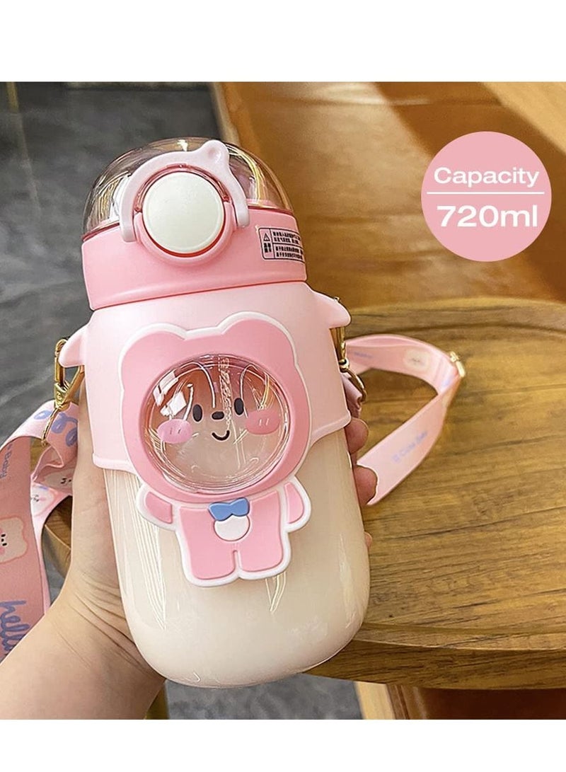SYOSI Kids Water Bottle for School with Straw, 720ml Kawaii Bear Water Bottle with Strap, BPA-Free Reusable Leak-proof Water Bottles with One-Handed Opening Straw Lids, Anti-Dust Spout Cover  - Image 4