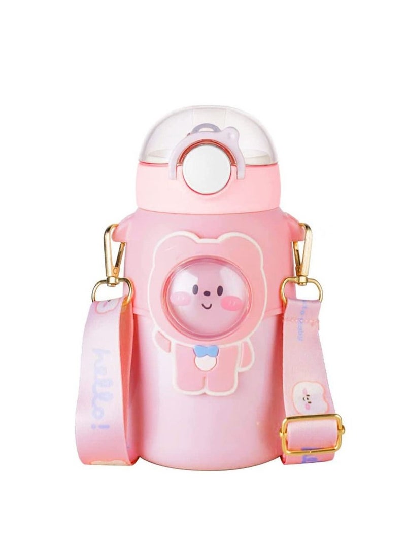 SYOSI Kids Water Bottle for School with Straw, 720ml Kawaii Bear Water Bottle with Strap, BPA-Free Reusable Leak-proof Water Bottles with One-Handed Opening Straw Lids, Anti-Dust Spout Cover  - Image 1