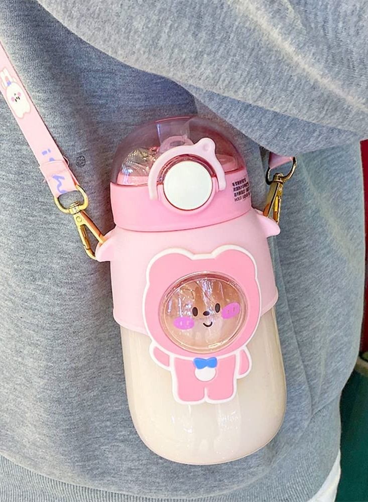 SYOSI Kids Water Bottle for School with Straw, 720ml Kawaii Bear Water Bottle with Strap, BPA-Free Reusable Leak-proof Water Bottles with One-Handed Opening Straw Lids, Anti-Dust Spout Cover  - Image 5