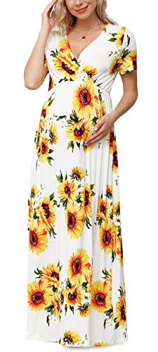 Xpenyo Women's Floral Maternity Dresses Summer Casual Short Sleeve V Neck Wrap Long Maxi Dress Pregnancy Clothes for Baby Shower, Photoshoot, Party, Daily, Nursing, Sunflower White S - Image 2