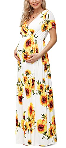 Xpenyo Women's Floral Maternity Dresses Summer Casual Short Sleeve V Neck Wrap Long Maxi Dress Pregnancy Clothes for Baby Shower, Photoshoot, Party, Daily, Nursing, Sunflower White S - Image 1