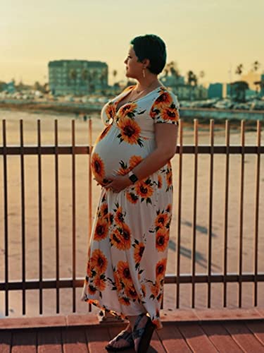Xpenyo Women's Floral Maternity Dresses Summer Casual Short Sleeve V Neck Wrap Long Maxi Dress Pregnancy Clothes for Baby Shower, Photoshoot, Party, Daily, Nursing, Sunflower White S - Image 5