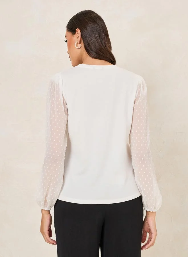 ستايلي Solid Round Neck Top with Dobby Balloon Sleeves