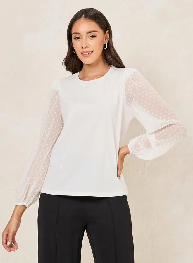 ستايلي Solid Round Neck Top with Dobby Balloon Sleeves