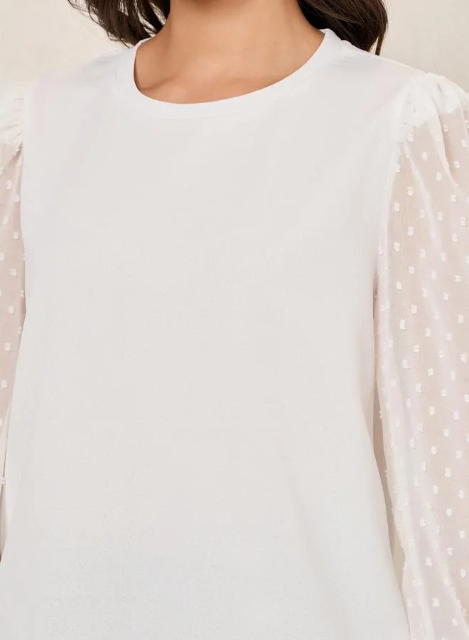 ستايلي Solid Round Neck Top with Dobby Balloon Sleeves