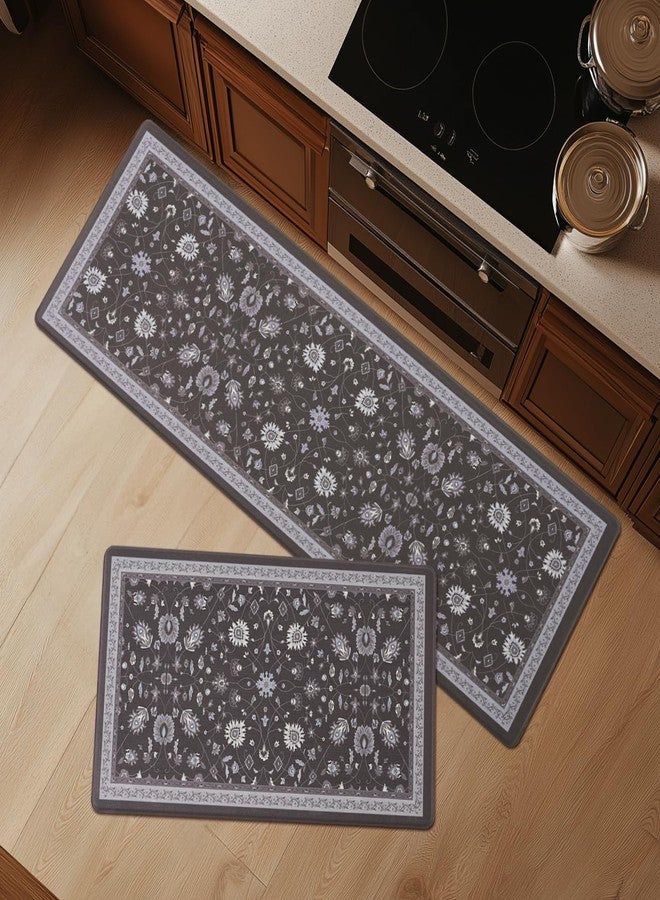 FRESHMINT Anti Fatigue Kitchen Mats for Floor 2 Piece Set, Waterproof & Non-Skid Vintage Floarl Kitchen Rugs, Cushioned Kitchen Mat for Standing Washable Comfort Desk Kitchen Runners, 17x30''+17x47'' - Image 1
