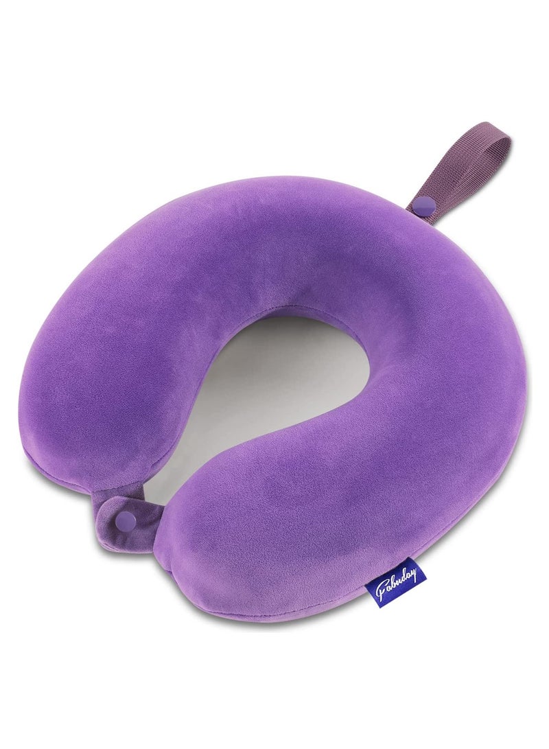 Neck Pillow for Travel Memory Foam - Airplane Pillows for Sleeping with Attachable Snap Strap Soft Washable Cover, Flight Pillow for Traveling, Car, Home, Provide Head Neck Support Rest Purple - Image 1