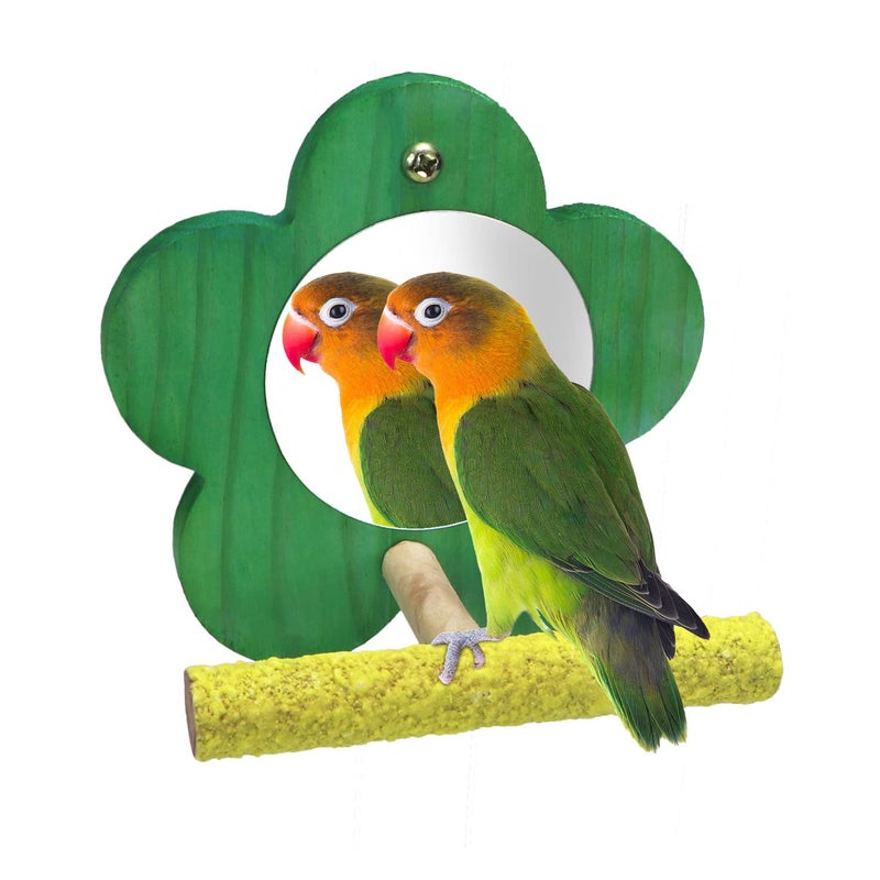 Litewoo Bird Parrot Mirror with Perch Natural Wood Swing Colorful Sand Grind Paw Trim Beak for Small Parrot Parakeet Cockatiel Lovebird Conure Finch Budgie (Flower-Shaped) - Image 1