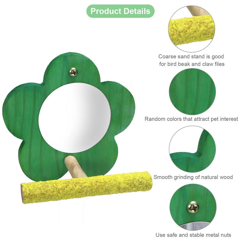 Litewoo Bird Parrot Mirror with Perch Natural Wood Swing Colorful Sand Grind Paw Trim Beak for Small Parrot Parakeet Cockatiel Lovebird Conure Finch Budgie (Flower-Shaped) - Image 4