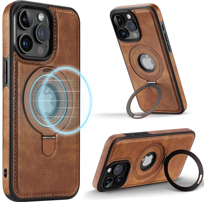 KASTWAVE Magnetic Leather Case Military Grade Drop Protection Slim Back Cover with Adjustable Stand Compatible with Magsafe Slim Kickstand Phone Cover Brown 15 Pro Max