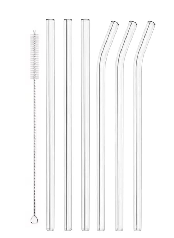 هابي هوم طقم من 7 قطع مكون من 6 قطع شاليمو زجاجي (3 مستقيمة و3 قابلة للانحناء) + 1 فرشاة تنظيف. شاليمو مقاوم للحرارة، شاليمو شفاف، شاليمو قابل لإعادة الاستخدام، قشة زجاجية شفافة، أنبوب شرب زجاجية. - Image 1
