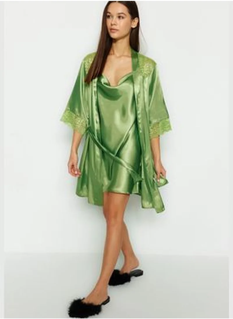 trendyol Green*001 Plain Belted Satin Woven Dressing Gown