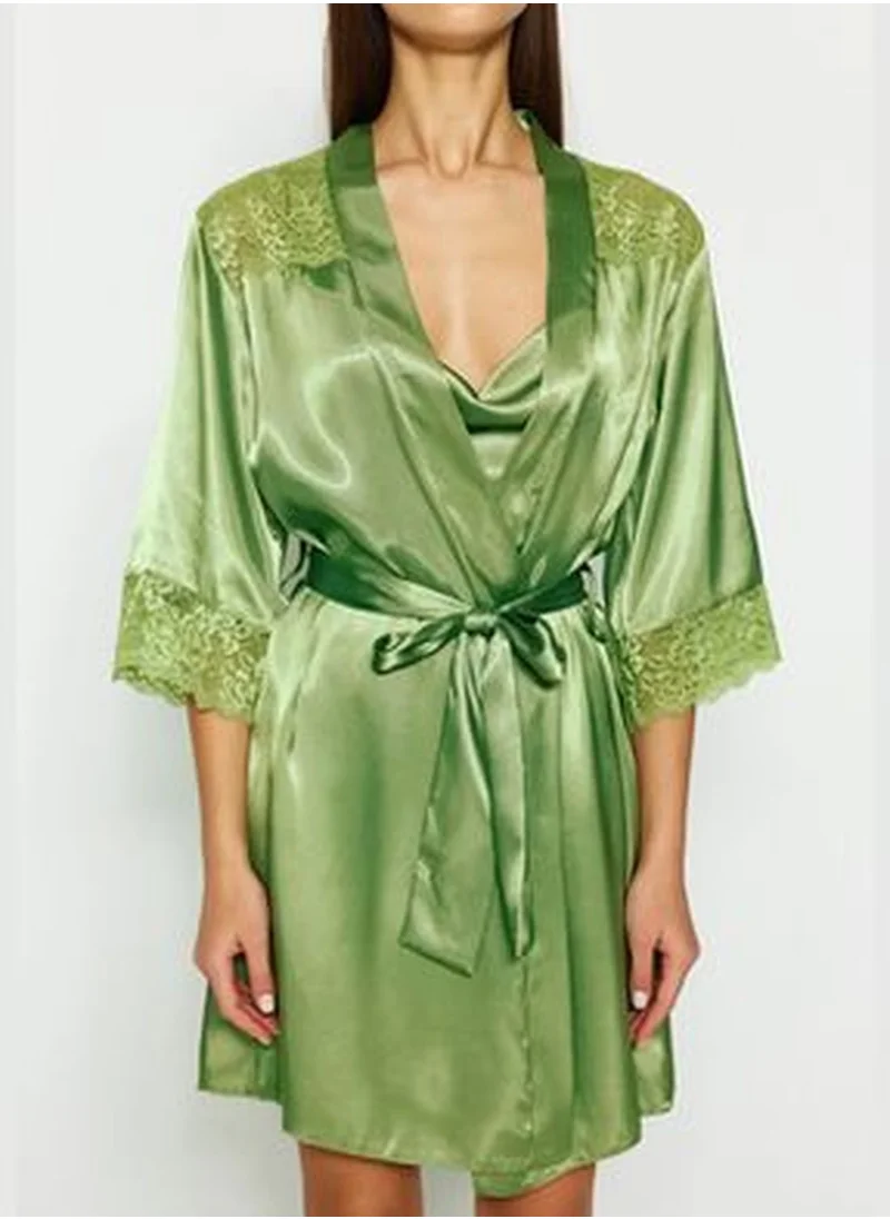 trendyol Green*001 Plain Belted Satin Woven Dressing Gown