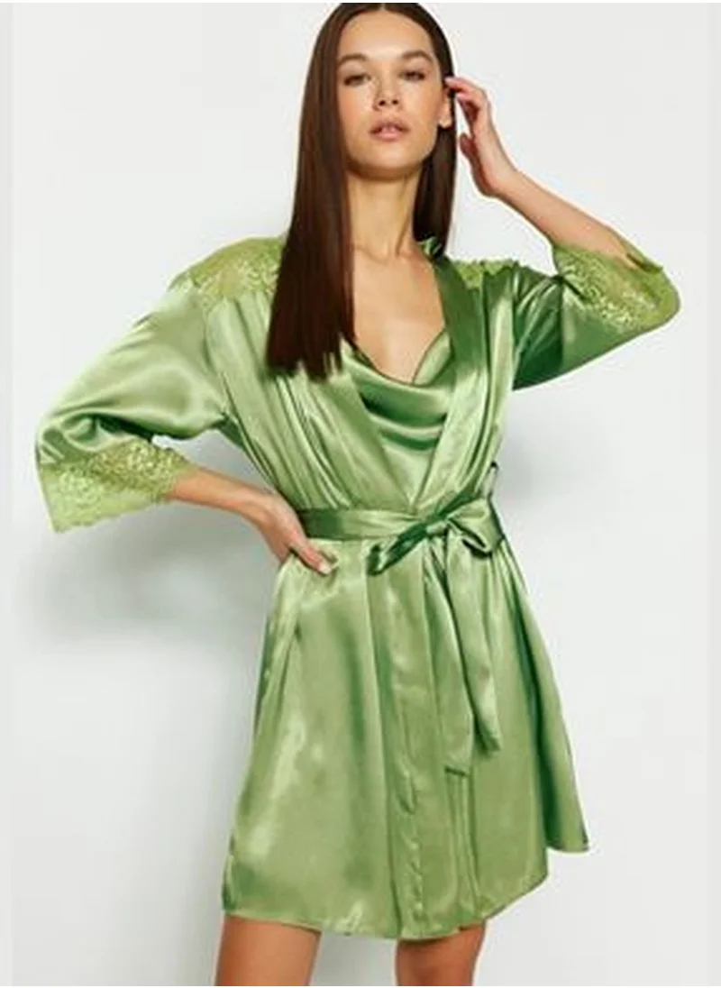 trendyol Green*001 Plain Belted Satin Woven Dressing Gown