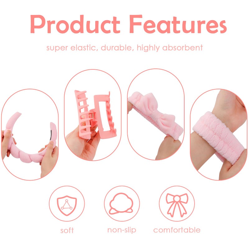 Canitor Spa Headband Wrist Bands Set with Hair Clips Skincare for Washing Face Skin Care Makeup Preppy Tween Teen Girl Gifts Cute Trendy Stuff Hair Accessories for Women (pink) - Image 5