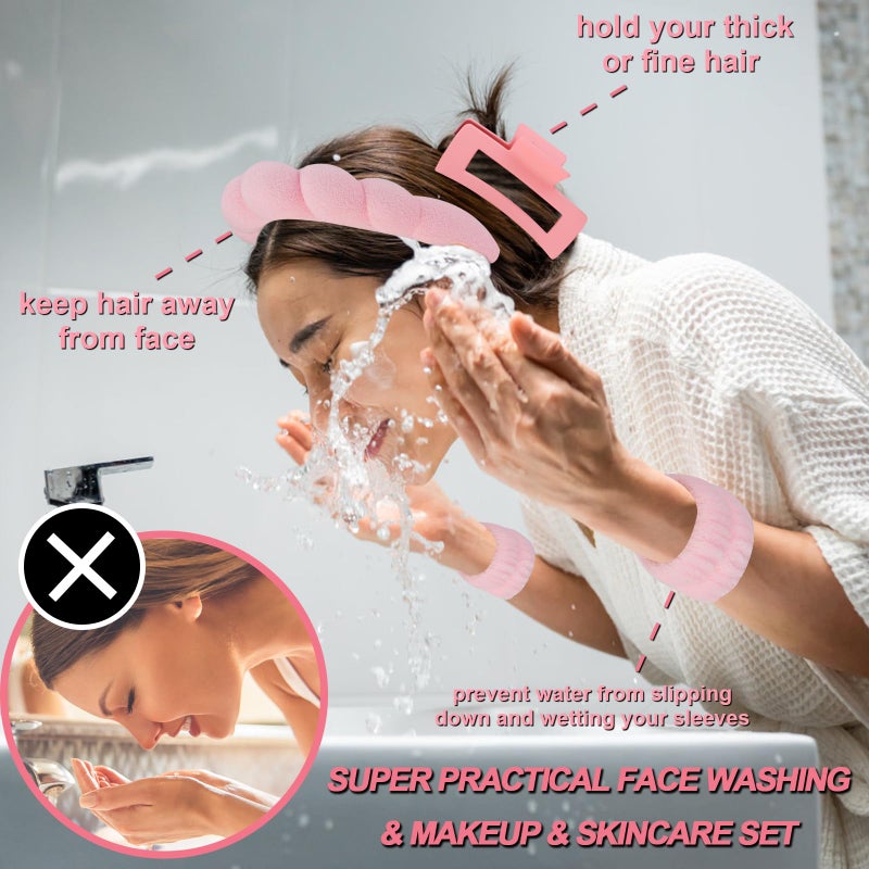 Canitor Spa Headband Wrist Bands Set with Hair Clips Skincare for Washing Face Skin Care Makeup Preppy Tween Teen Girl Gifts Cute Trendy Stuff Hair Accessories for Women (pink) - Image 2
