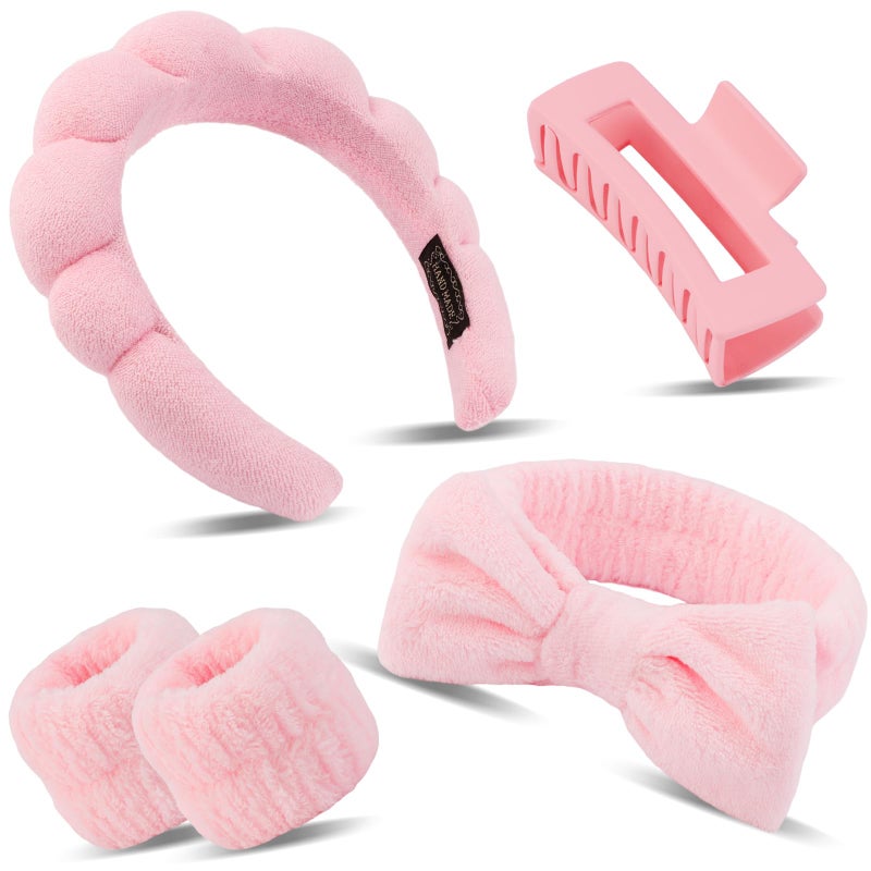 Canitor Spa Headband Wrist Bands Set with Hair Clips Skincare for Washing Face Skin Care Makeup Preppy Tween Teen Girl Gifts Cute Trendy Stuff Hair Accessories for Women (pink) - Image 1