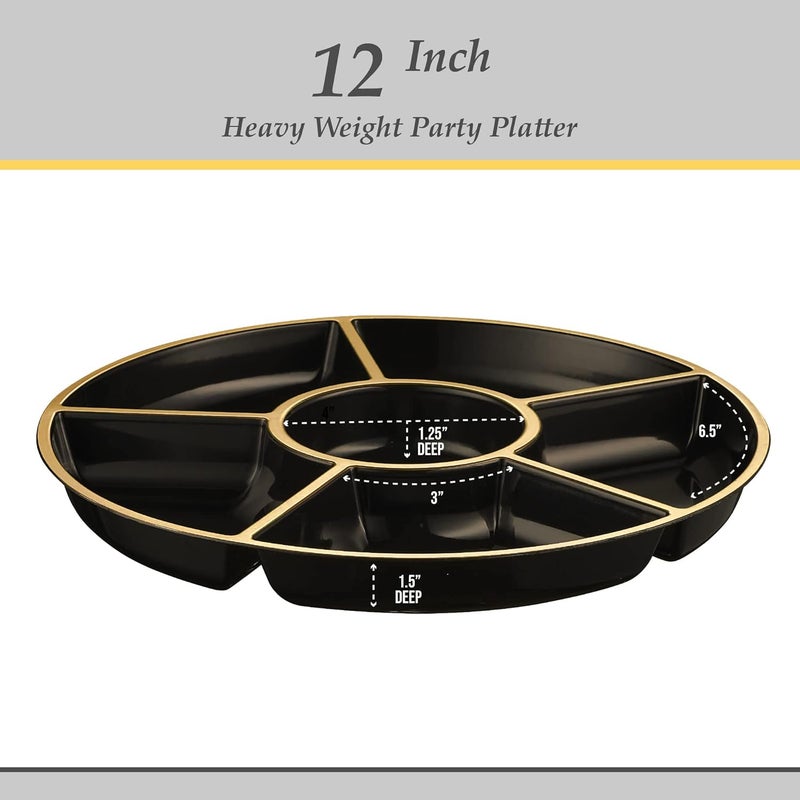 PLASTICPRO 6 Sectional Round Plastic Serving Tray/Platters Black & Gold Pack of 2 - Image 5