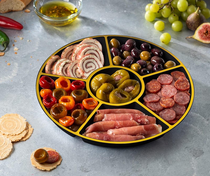 PLASTICPRO 6 Sectional Round Plastic Serving Tray/Platters Black & Gold Pack of 2 - Image 3