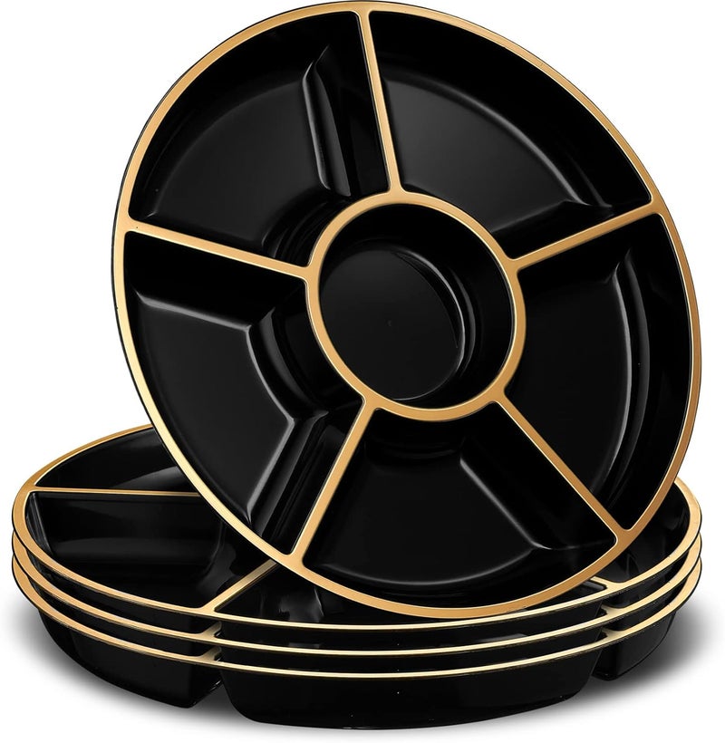 PLASTICPRO 6 Sectional Round Plastic Serving Tray/Platters Black & Gold Pack of 2 - Image 1