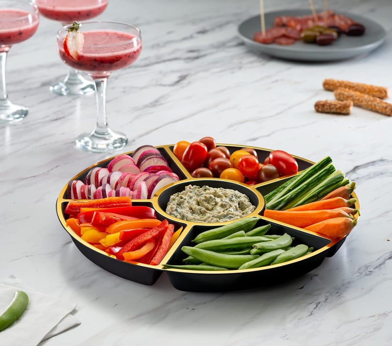 PLASTICPRO 6 Sectional Round Plastic Serving Tray/Platters Black & Gold Pack of 2 - Image 2