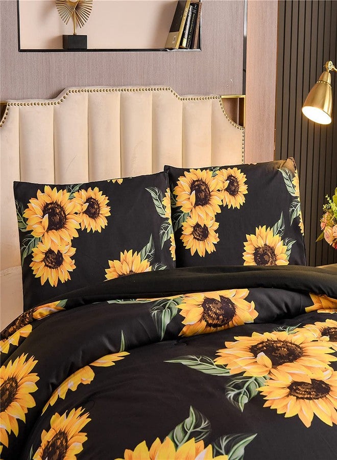 NTBED Black Sunflowers Comforter Set Queen Yellow Floral Botanical 3-Pieces Microfiber Bedding Quilt for Girls Teens (Black, Queen) - Image 2
