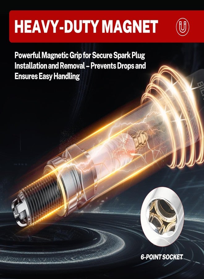 BILITOOLS 5/8-inch Magnetic Spark Plug Socket Swivel Thin Wall Spark Plug Socket 3/8-inch Drive x 6" Total Length with 6-Point, CR-V - Image 2