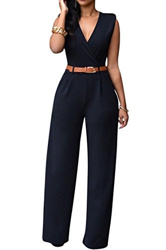 Pink Queen Women's Elegant V Neck Long Loose Belted Rompers Jumpsuits Black Large - Image 2