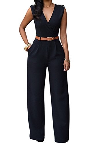 Pink Queen Women's Elegant V Neck Long Loose Belted Rompers Jumpsuits Black Large - Image 3