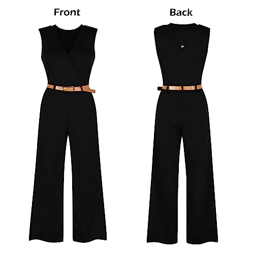 Pink Queen Women's Elegant V Neck Long Loose Belted Rompers Jumpsuits Black Large - Image 4
