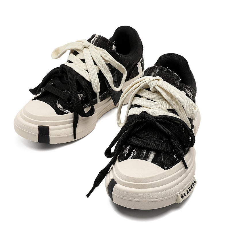 7Cm Height-Increasing Thick-Soled Double-Strap Color-Block Canvas Shoes For Men And Women, Height-Increasing Versatile Everyday Round-Toe Sneakers - Image 3