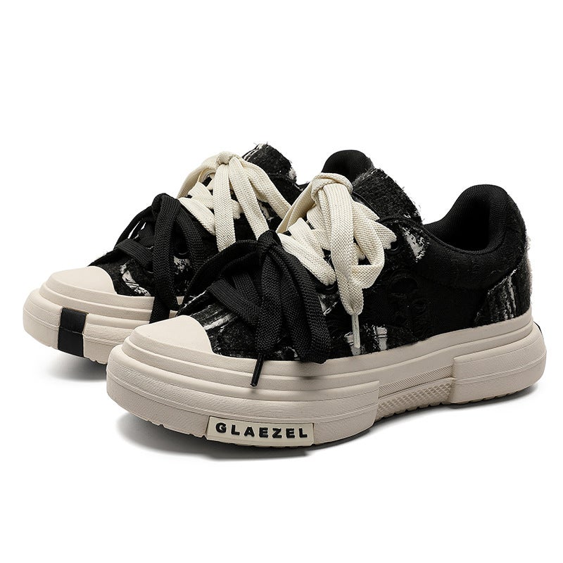 7Cm Height-Increasing Thick-Soled Double-Strap Color-Block Canvas Shoes For Men And Women, Height-Increasing Versatile Everyday Round-Toe Sneakers - Image 1