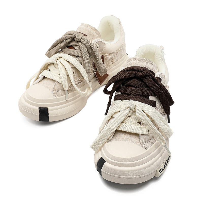 7Cm Height-Increasing Thick-Soled Double-Strap Color-Block Canvas Shoes For Men And Women, Height-Increasing Versatile Everyday Round-Toe Sneakers - Image 4
