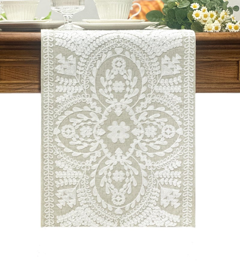KEVA Boho Table Runner 72inches Long Farmhouse Linen Table Runner Rustic Vintage White Embroidered Table Runners 13x72 Inch for Dining Table Decorations