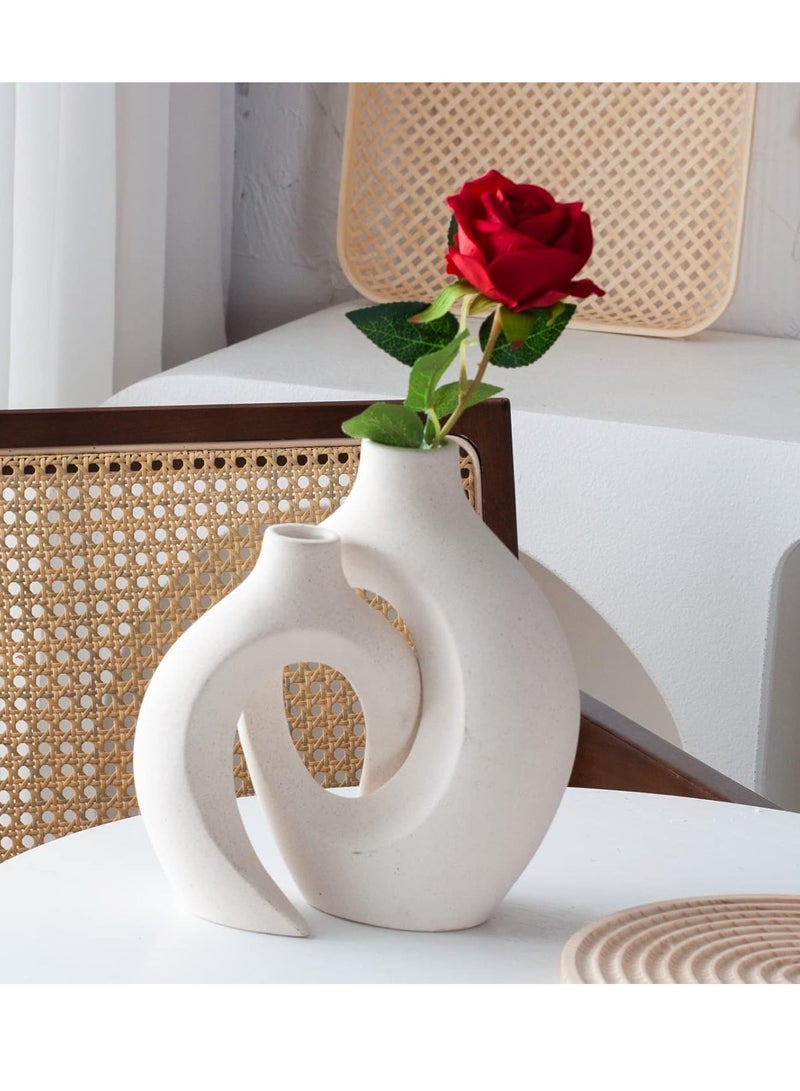 Arabest Ceramic Vase Set of 2 for Modern Home Decor,Matte Snuggle Hollow Flower Vase for Pampas Grass,Boho Decor Donut Centerpiece Vases Set of 2 for Coffee Table Office Bookshelf Living Room Decor - Image 1