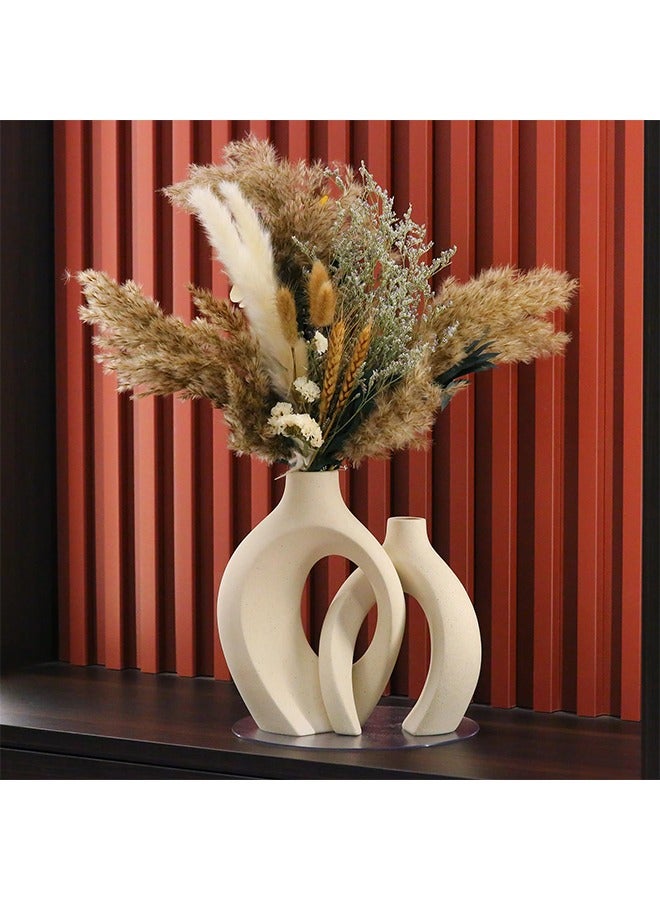 Arabest Ceramic Vase Set of 2 for Modern Home Decor,Matte Snuggle Hollow Flower Vase for Pampas Grass,Boho Decor Donut Centerpiece Vases Set of 2 for Coffee Table Office Bookshelf Living Room Decor - Image 4