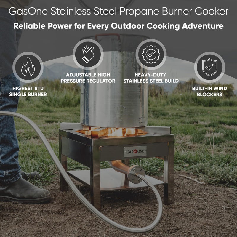 GasOne Stainless Steel Propane Burner Cooker With Regulator with Steel Braided Hose For Outdoor Cooking, Turkey Fry - Image 2