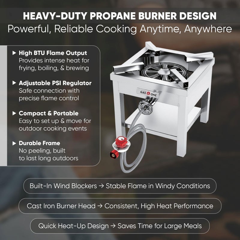 GasOne Stainless Steel Propane Burner Cooker With Regulator with Steel Braided Hose For Outdoor Cooking, Turkey Fry - Image 3