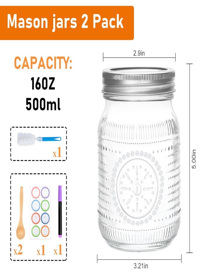 Encheng Regular Mouth Mason Jars 16 oz with Lids,Pint Canning Jars with Metal Lids and Bands for Jelly, Jam, Candy, Pickles, Preserving,Fermenting,DIY Crafts,2 Pack - Two Types of Lid Included - Image 2