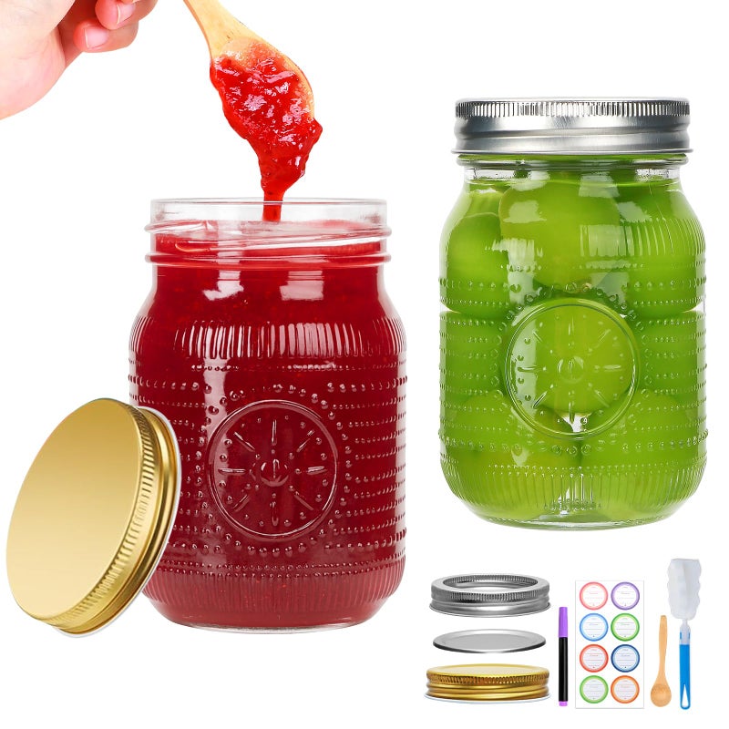 Encheng Regular Mouth Mason Jars 16 oz with Lids,Pint Canning Jars with Metal Lids and Bands for Jelly, Jam, Candy, Pickles, Preserving,Fermenting,DIY Crafts,2 Pack - Two Types of Lid Included - Image 1