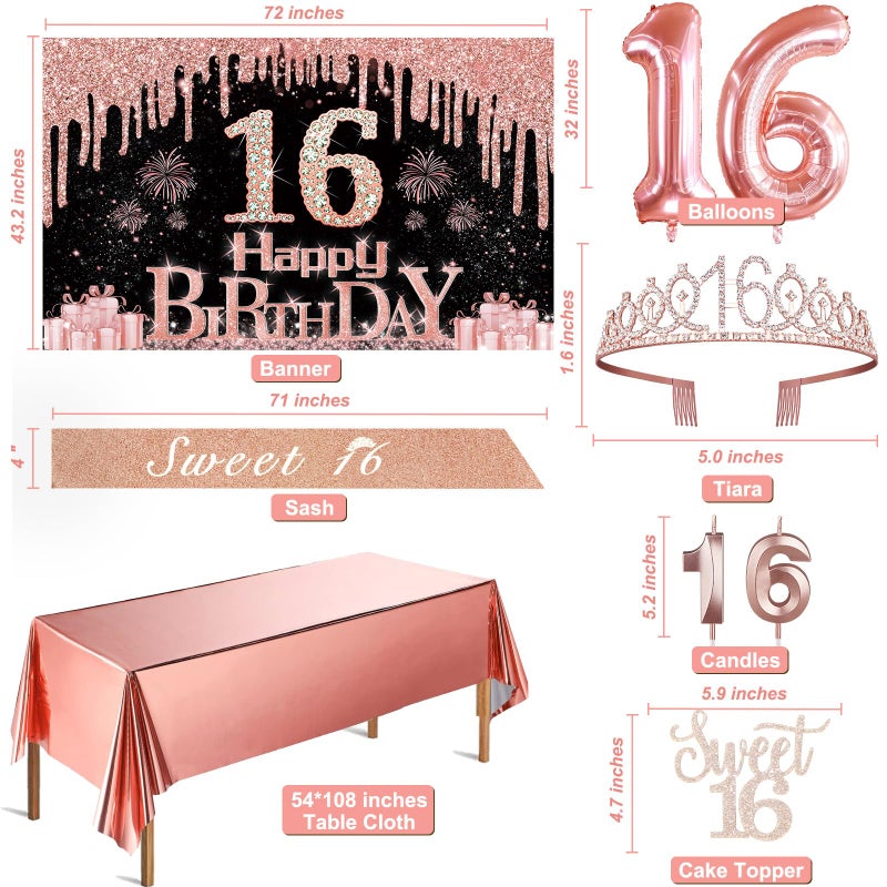 Juesly Sweet 16 Birthday Decorations for Girls, Including 16th Birthday Banner, Rose Gold Tablecloth, Number Balloons, Sash and Tiara, Cake Topper and Candles - Image 5