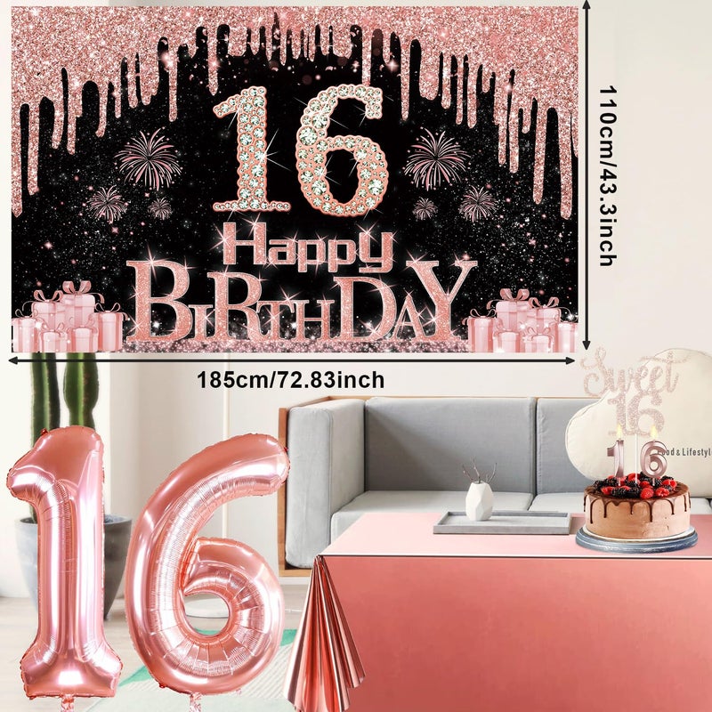 Juesly Sweet 16 Birthday Decorations for Girls, Including 16th Birthday Banner, Rose Gold Tablecloth, Number Balloons, Sash and Tiara, Cake Topper and Candles - Image 3