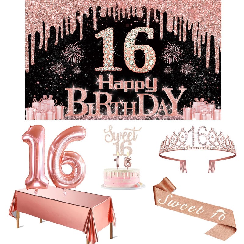 Juesly Sweet 16 Birthday Decorations for Girls, Including 16th Birthday Banner, Rose Gold Tablecloth, Number Balloons, Sash and Tiara, Cake Topper and Candles - Image 1