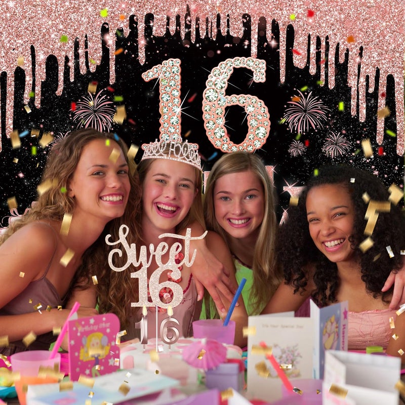 Juesly Sweet 16 Birthday Decorations for Girls, Including 16th Birthday Banner, Rose Gold Tablecloth, Number Balloons, Sash and Tiara, Cake Topper and Candles - Image 2