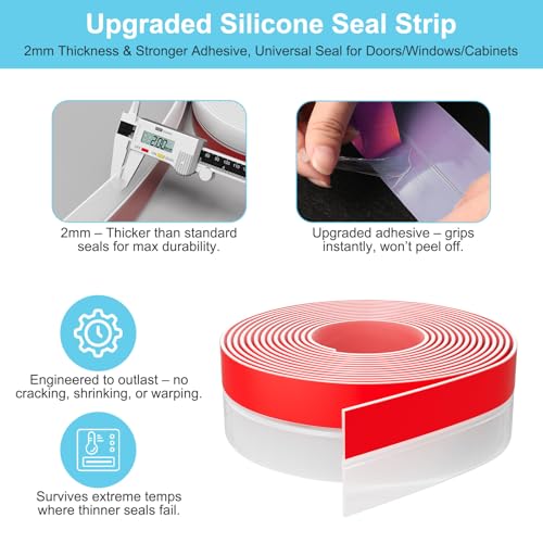 Elvone Heavy-Duty 20 ft x 2 in Weather Stripping, Extra Thick 2mm Door Draft Stopper Silicone Seal Strip for House and Glass Shower Doors for Collision and Side Gaps of Door and Windows, Clear - Image 3