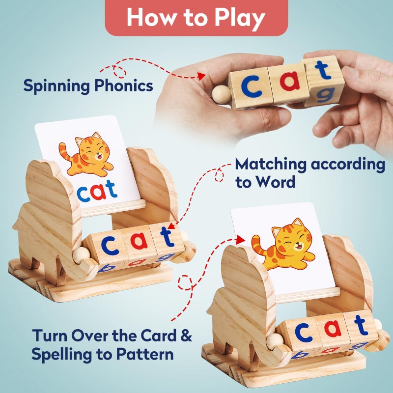 ShyLizard Montessori Learning and Educational Toys Gifts for Kids 3 4 5 Years, Wooden Reading Blocks Toys, Learning Activities for Preschool Kindergarten, Turning Rotating Matching Flash Card Games - Image 3