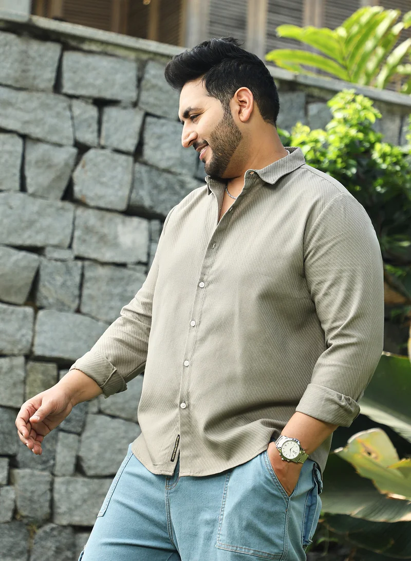 Instafab Plus Instafab Plus Men's Dark Khaki Slanted-Trough Shirt For Casual Wear | Spread Collar | Long Cuffed Sleeves | Button Closure | Plus Size Shirt Crafted With Comfort Fit For Everyday Wear