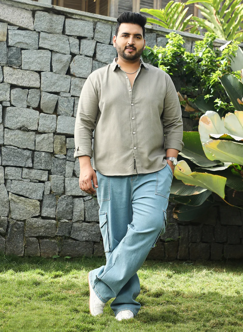 Instafab Plus Instafab Plus Men's Dark Khaki Slanted-Trough Shirt For Casual Wear | Spread Collar | Long Cuffed Sleeves | Button Closure | Plus Size Shirt Crafted With Comfort Fit For Everyday Wear
