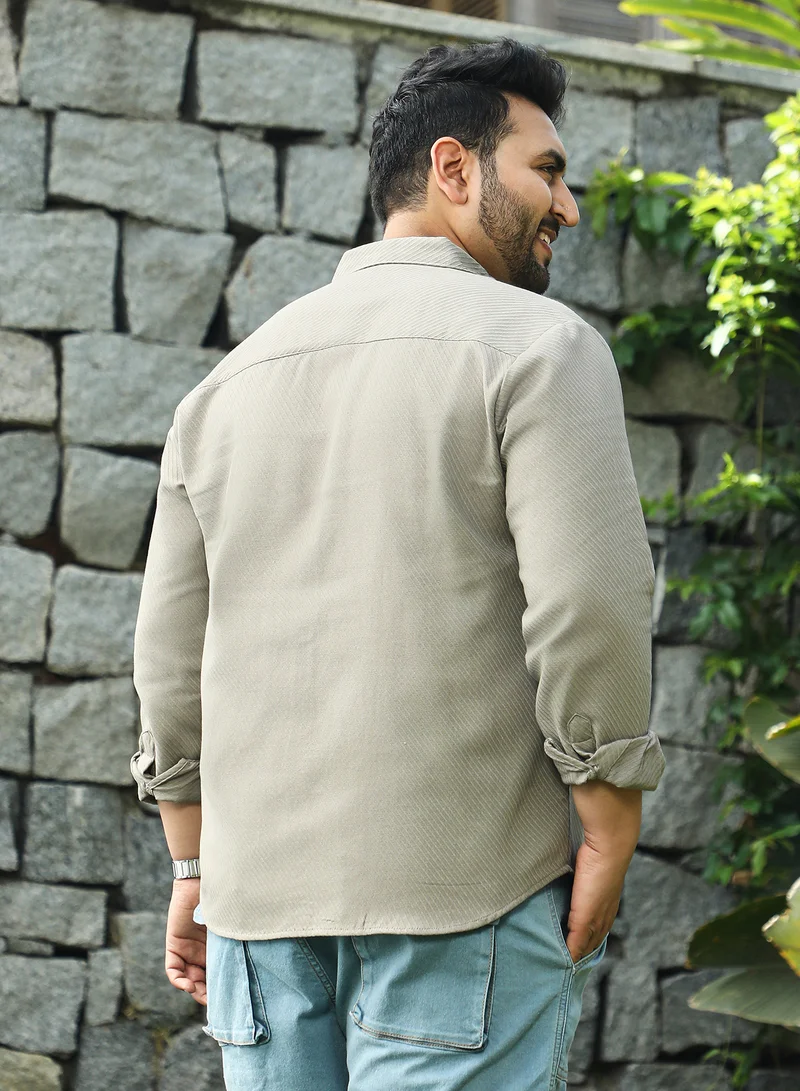 Instafab Plus Instafab Plus Men's Dark Khaki Slanted-Trough Shirt For Casual Wear | Spread Collar | Long Cuffed Sleeves | Button Closure | Plus Size Shirt Crafted With Comfort Fit For Everyday Wear